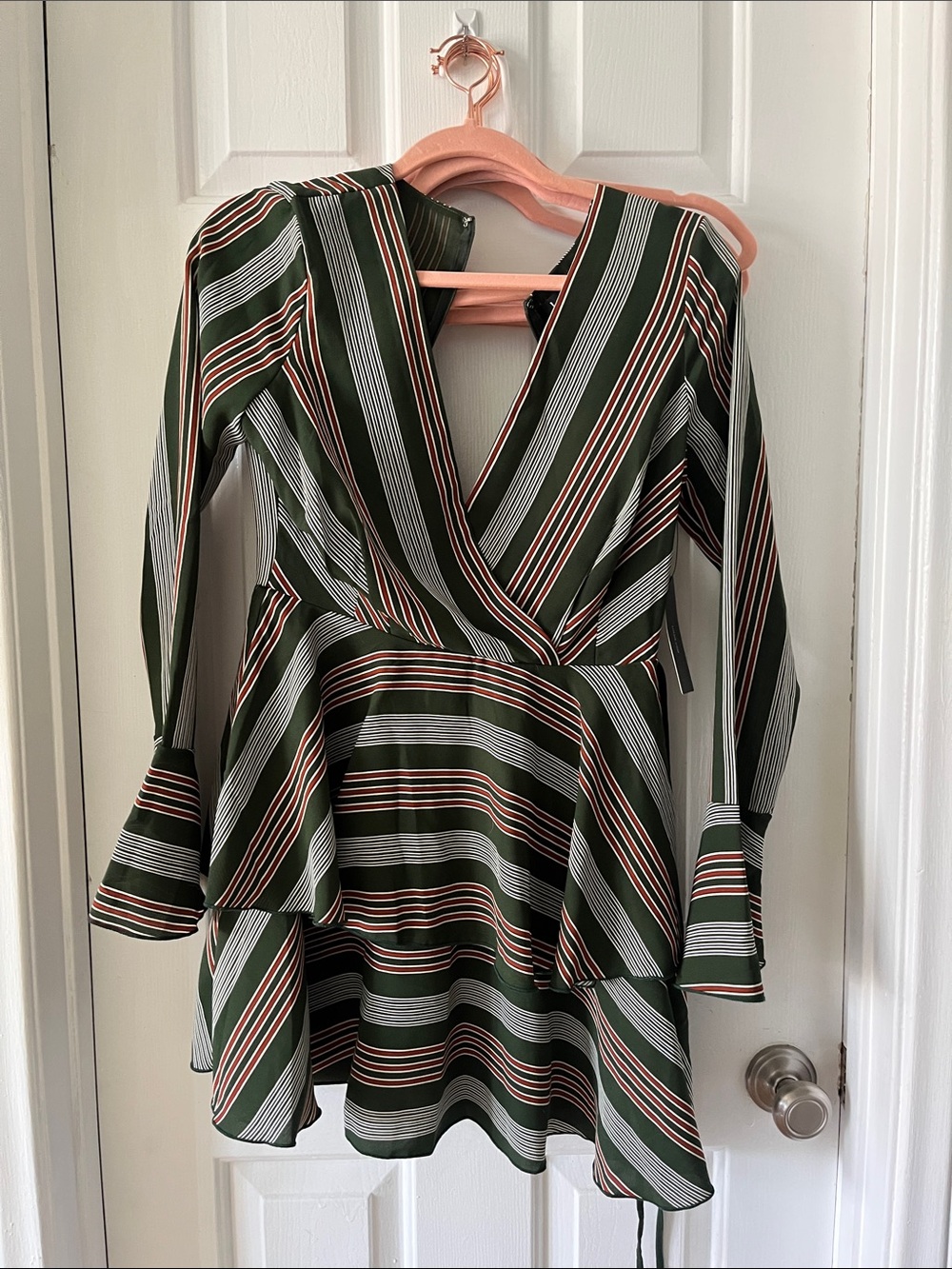 Lulu's Olive Striped Wrap Dress with Peach and White Accents